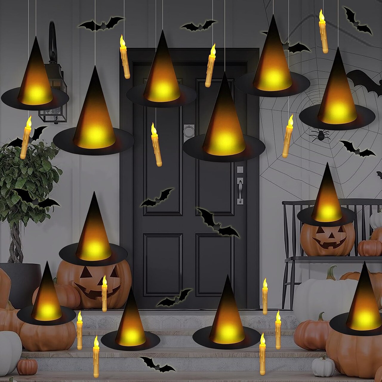 Black Light-Up Witch Hats with Flameless Candles& 3D Bat Wall Stickers – Halloween Decor